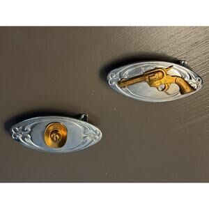 Western Women’s Belt Buckle Set Stainless Steel Brass Cowboy Hat Revolver Pair